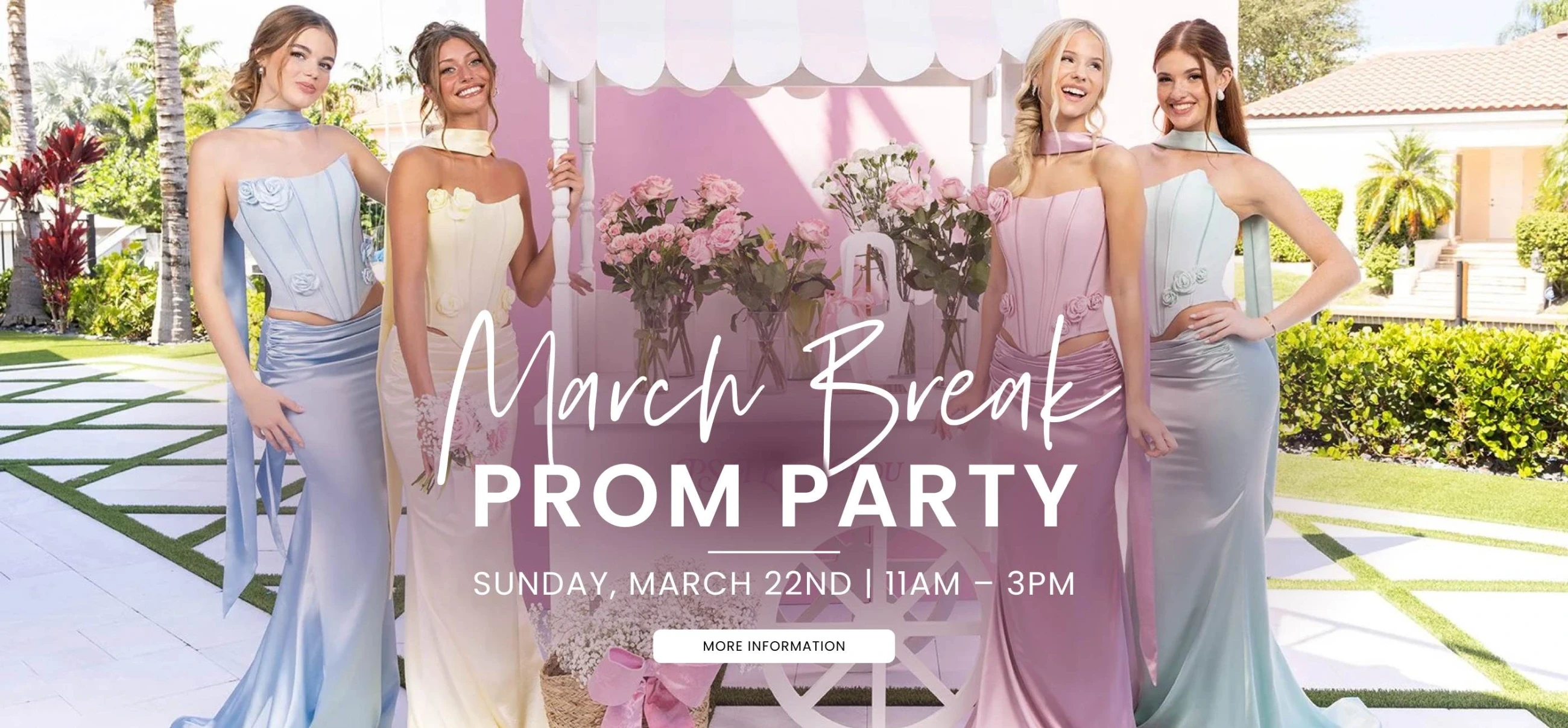 Models wearing Portia and Scarlet XO186 prom dress, March Break Prom Part desktop banner