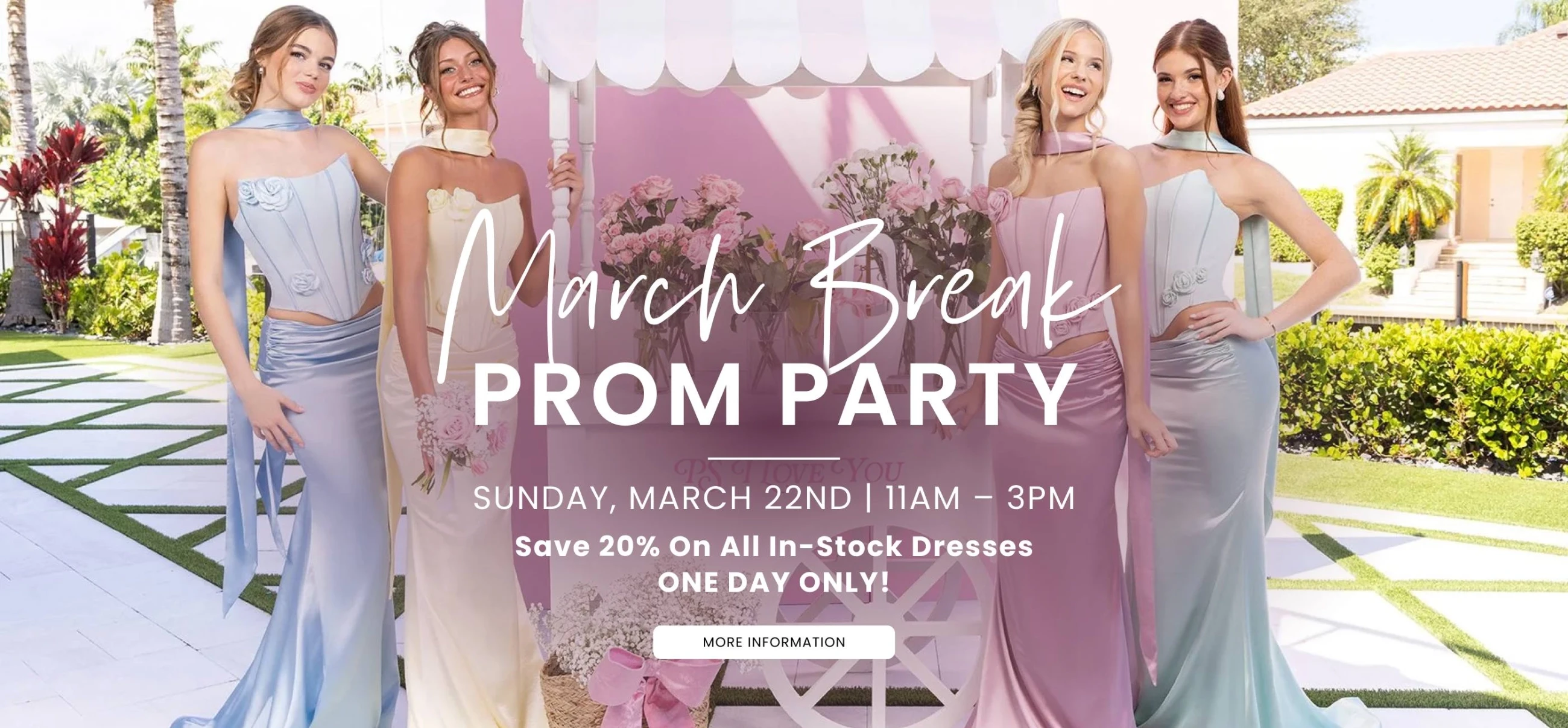 Models wearing Portia and Scarlet XO186 prom dress, March Break Prom Part desktop banner