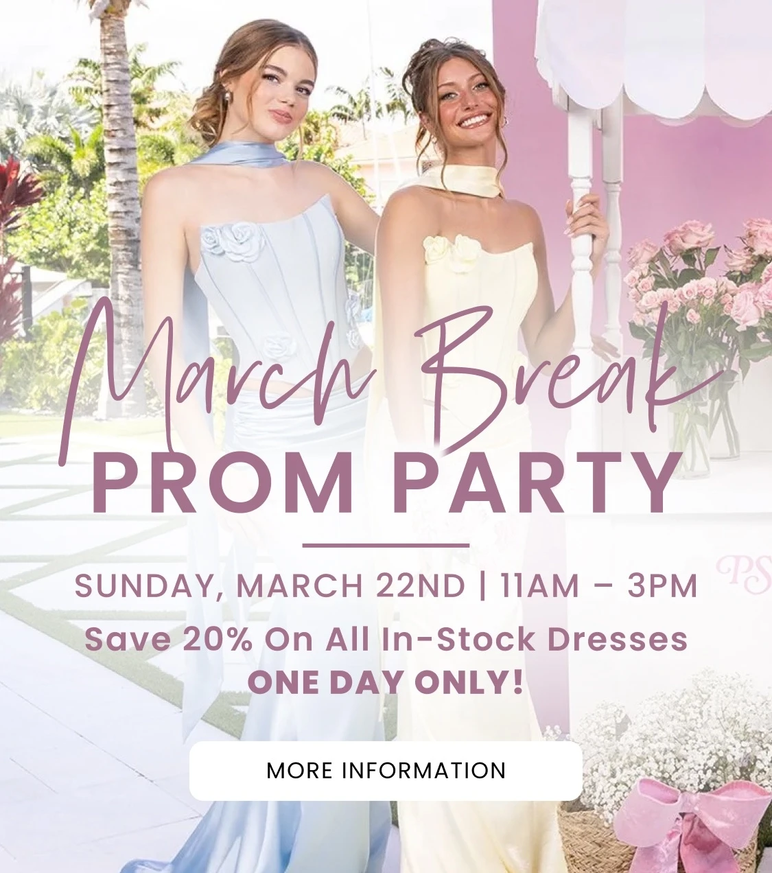 Models wearing Portia and Scarlet XO186 prom dress, March Break Prom Part mobile banner